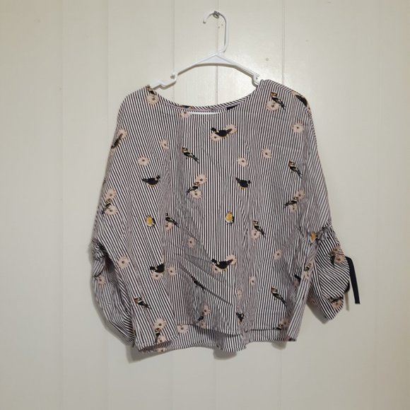 Nanette Lepore Medium striped bird summer spring Print Tie Bell Sleeve Blouse - Picture 9 of 10